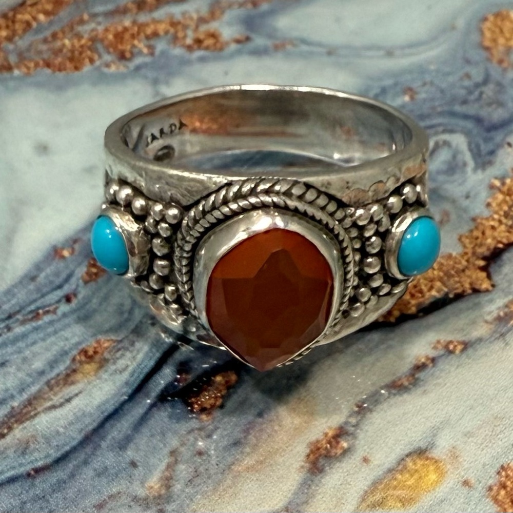 Sarda Sterling Silver Ring with genuine carnelian and turquoise, size 10